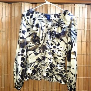 Boston Proper Ladies Size 6 Ruffled V-neck Animal Print Blouse